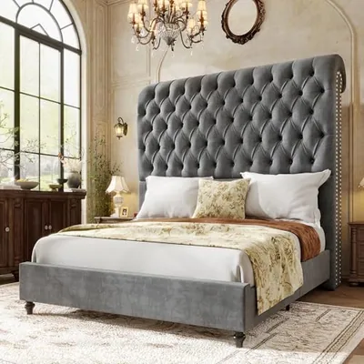 King Bed Frame Velvet Upholstered 59 in Sleigh Headboard, Gray