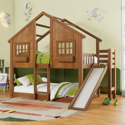 Twin Over Twin Bunk Bed with Slide and Ladder, Solid Wood, Oak
