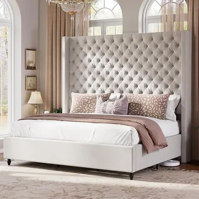 King Bed Frame with 65 in Tall Wingback Headboard, White
