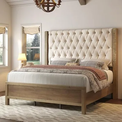King Size Solid Wood Bed Frame, 57 in Wingback Headboard, Gray