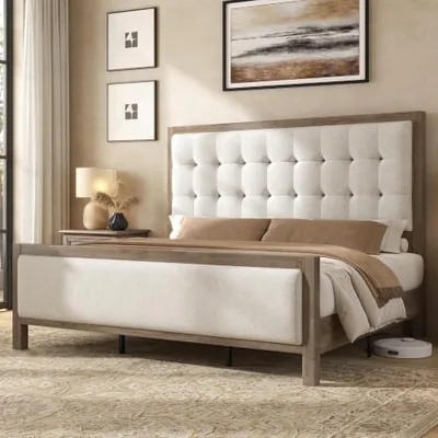 Queen Solid Wood Bed Frame 50 in Tall Headboard&Footboard, Gray