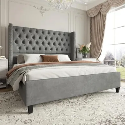 King Size Bed Frame with 51.6 in Velvet Wingback Headboard, Gray