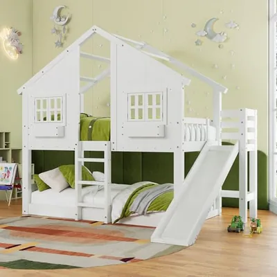 Twin Over Twin Bunk Bed with Slide and Ladder, Solid Wood, White