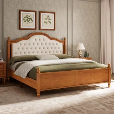 Solid Wood California King Bed Frame with Upholstered Headboard, Brown