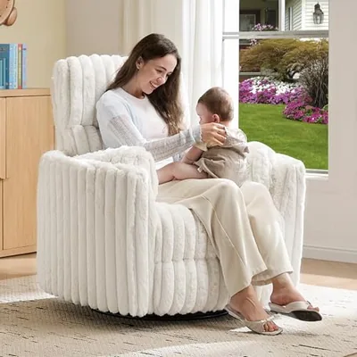 Power Rocking Nursery Chair, Swivel Recliner, USB, Cream