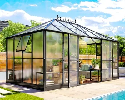 14x9.5x9 FT Outdoor Polycarbonate Greenhouse, 6 FT Wall Height, Black