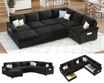105 in Sofa Bed, Sectional Sleeper Sofa with Pull Out Bed, Black