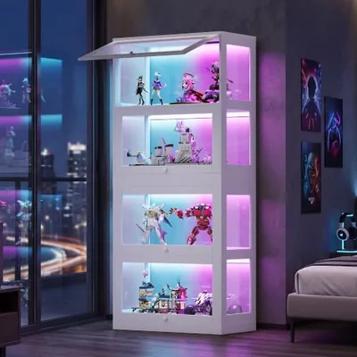 DIY Modular Display Cabinet, 4-Tier Glass Flip-Up Door Cabinet, White