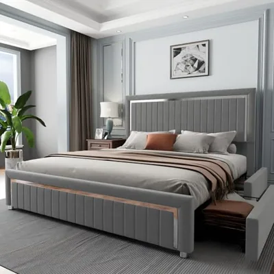 King Size Velvet Upholstered LED Storage Bed Frame, Gray