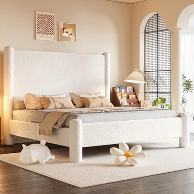 King Size Bed Frame, Boucle Upholstered Bed Frame, White