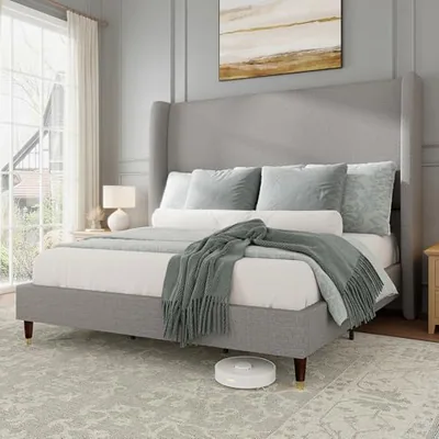 Queen Bed Frame Linen Upholstered Wingback Headboard, Gray