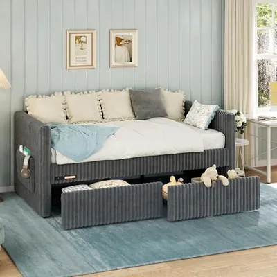 Twin Faux Fur Upholstered Daybed with Storage Drawers, Gray