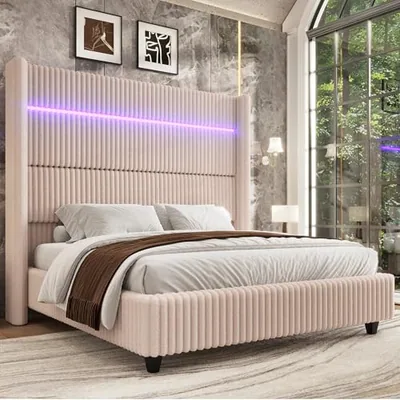 Queen Bed Frame Faux-Fur Upholstered 60 in Tall Headboard, Beige