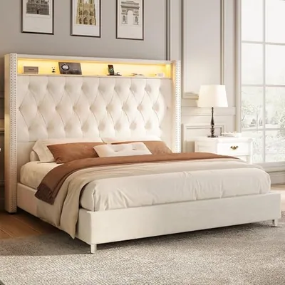 Queen Bed Frame, 53.2 in Velvet Headboard, LED & Charging, Cream