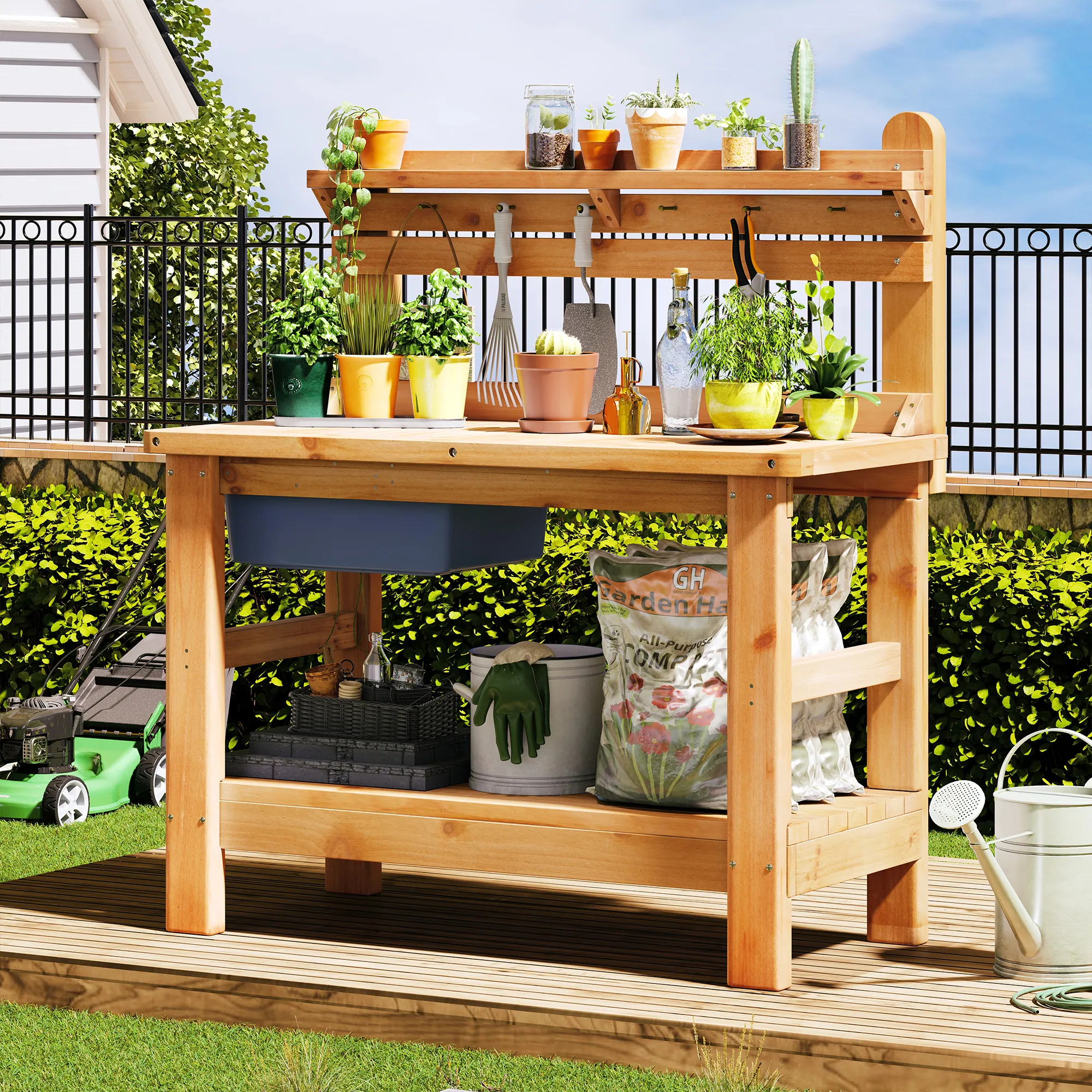 A potting bench at the fence: the yard department, designed for wind before the photograph.
