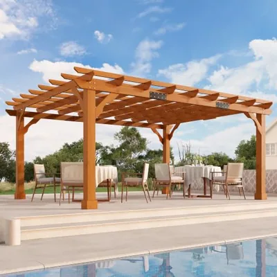 12x14 FT Premium Cedar Wood Pergola with Stakes & Trellis Roof, Brown