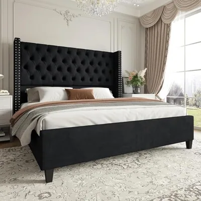 Queen Size Bed Frame with 51.6 in Velvet Wingback Headboard, Black