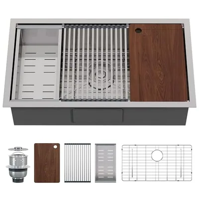 32 x 19 in Workstation Undermount Sink, 304 Stainless Steel