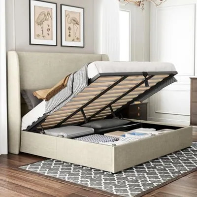 King Lift Up Storage Bed Frame, Linen Wingback Headboard, Khaki