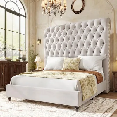 King Bed Frame Velvet Upholstered 59 in Sleigh Headboard, Cream