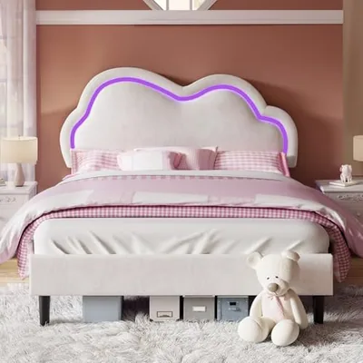 Twin Bed Frame Cloud Headboard LED Lights for Kids Room, Cream