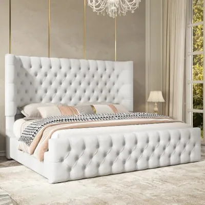 Queen Bed Frame Upholstered Wingback Headboard & Footboard, White