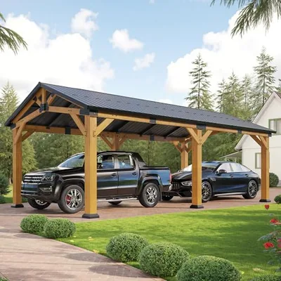 12x24x9.5 FT Cedar Wood Carport with Galvanized Steel Gable Roof, Brown