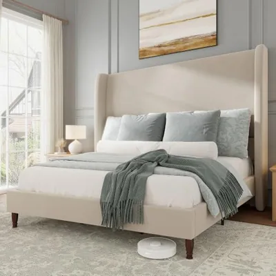 Full Bed Frame Velvet Upholstered Wingback Headboard, White